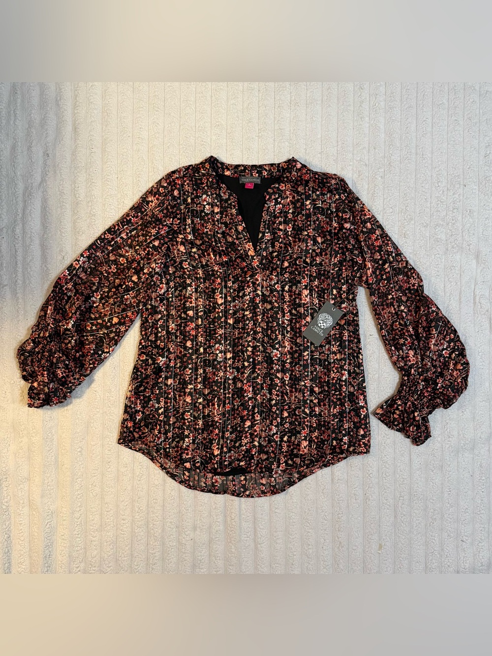 Women’s Vince Camuto Floral Blouse NWT Black Pink Boho V-Neck Balloon Sleeve Top